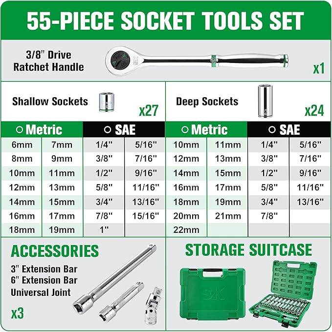 SK 3/8" Drive Socket Set with 160-P Ratchet, 55-Piece, SAE & Metric, SuperKrome Finish, Premium CR-V Construction, with Storage Suitcase