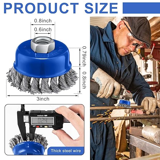 Tandefio 24 Pcs Wire Wheel Brush Wire Wheels with 5/8 -11 Threaded Arbor for 4 1/2 Angle Grinder Knotted Wire Cup Brush for Heavy Cleaning Rust Removal (Blue,3 Inch)