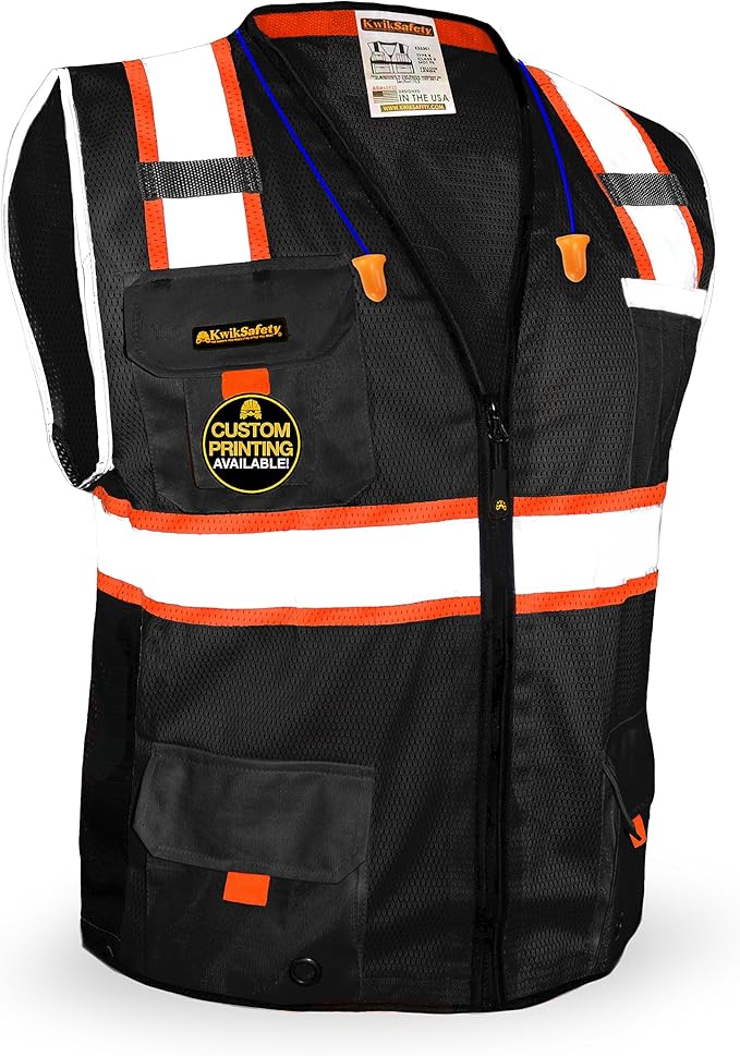 KwikSafety - Charlotte, NC - UNDERBOSS Safety Vest [11 POCKETS] Premium ANSI Class Unrated High Visibility Vest Construction Surveyor Reflective Vest Industrial Work Safety Vest for Men/Black Medium