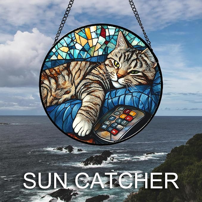 DASTOLL Stained Glass Window Hanging Gray Cat and Remote Control 9.8" - Image 4