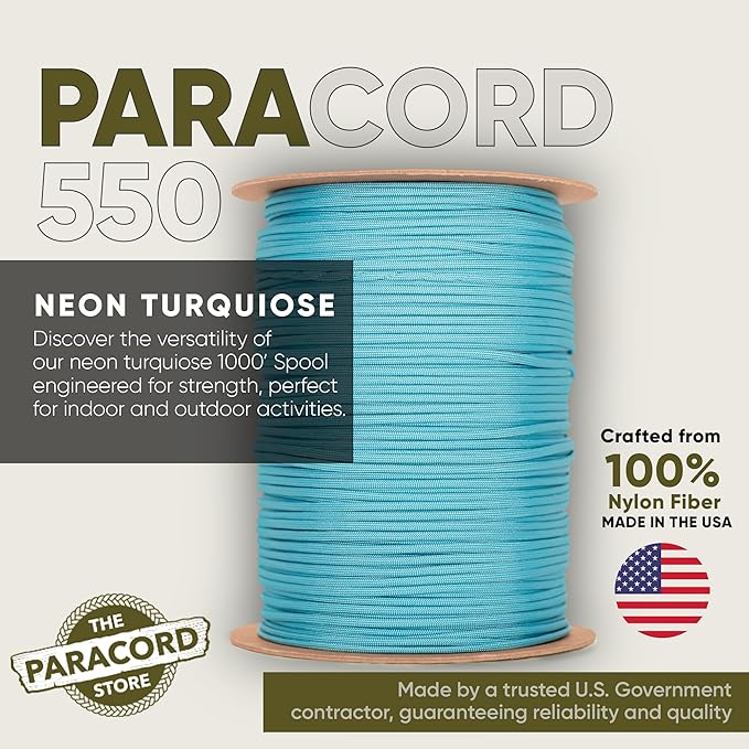 The Paracord Store | Type III 550 Paracord - 1000 FT Spool, Neon Turquoise | Heavy Duty 7 Strand Tactical Paracord - USA Made Nylon Outdoor Parachute Cord for Camping, Fishing & More - Survival Cord
