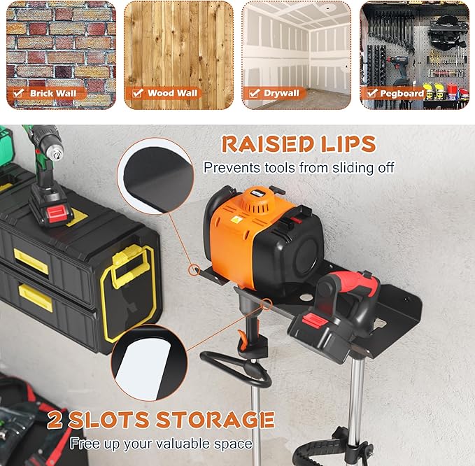 ULIBERMAGNET Garage Weedeater Rack,Wall Mount 2 Slot Utility Storage Rack for Garden Tool,Grass Trimmer,Hedge Weedeater,Chainsaw,Heavy Duty Steel Weeder Eater Trimmer Holder for Shed,Garage,Workshop