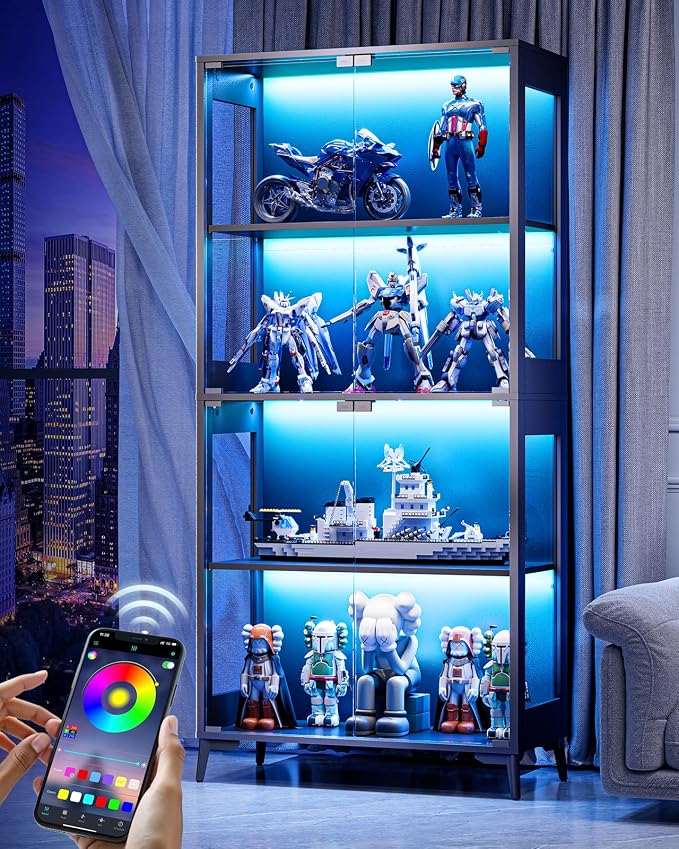Display Cabinet with Glass Doors, 4-Tier Curio Cabinet with Adjustable Shelves by Unknown