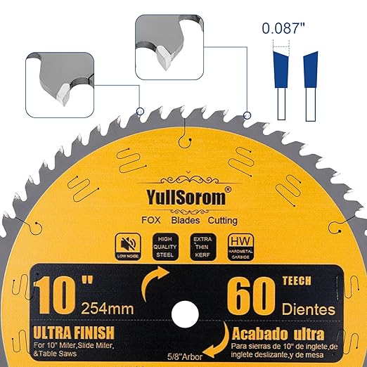 10 Inch Thin Kerf Fine Finish Crosscut Table Saw Blades, 60-Tooth ATB TCT Fine Finish Wood Cutting Circular Saw Blade with 5/8 Inch Arbor