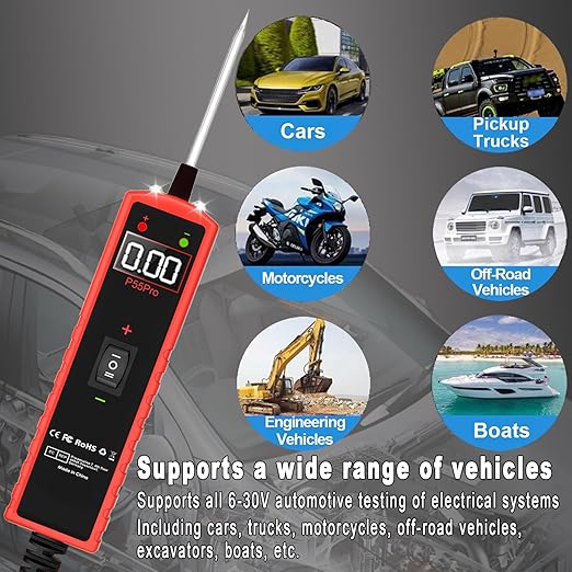 Power Circuit Probe Tester 6V-30V DC Test Light Car Fuse Tester Tool Short Circuit Located Auto Electrical Tester Kit Component Polarity Identify with Overload Protection,P55 Pro Test Probe.