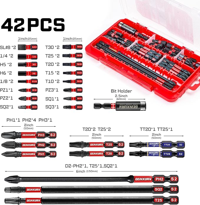 42pieces Screwdriver Bits Set, Impact Magnetic S2 Steel Multi Insert Power Bits Tips with Impact Bit Holder with Storage Box（PH/TORX/SQ/PZ/HEX/SL）