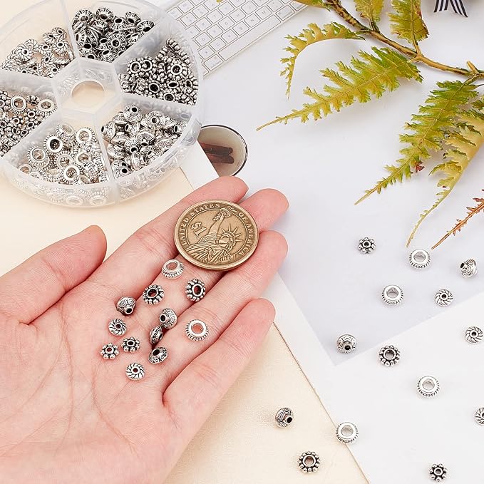PH PandaHall 300pcs 6 Style Antique Silver Spacer Beads, Tibetan Metal Alloy - Image 5