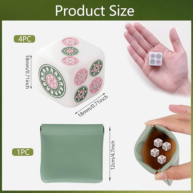 4 Pack Mahjong Dice Set with Green Pouch, 18mm Acrylic Colorful Dice - Image 2