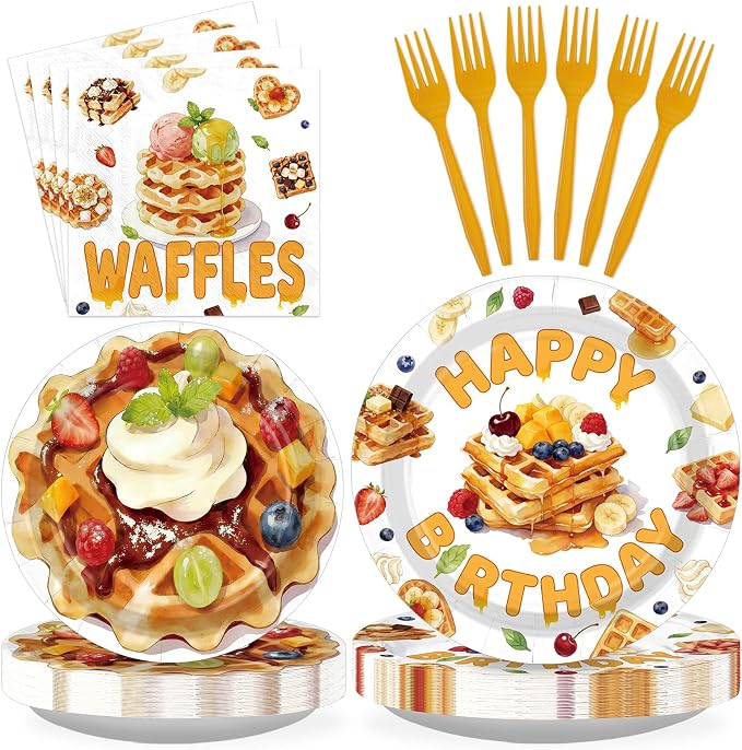 96Pcs Waffle Birthday Party Decoration Breakfast Brunch Bread Food Plates and by Greencian