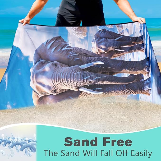 Glacier Elephant Beach Towel Oversized 36" x 72", Thin Lightweight Sand Free Quick Dry Microfiber Towel for Swimming Pool Cruise Camping Travel