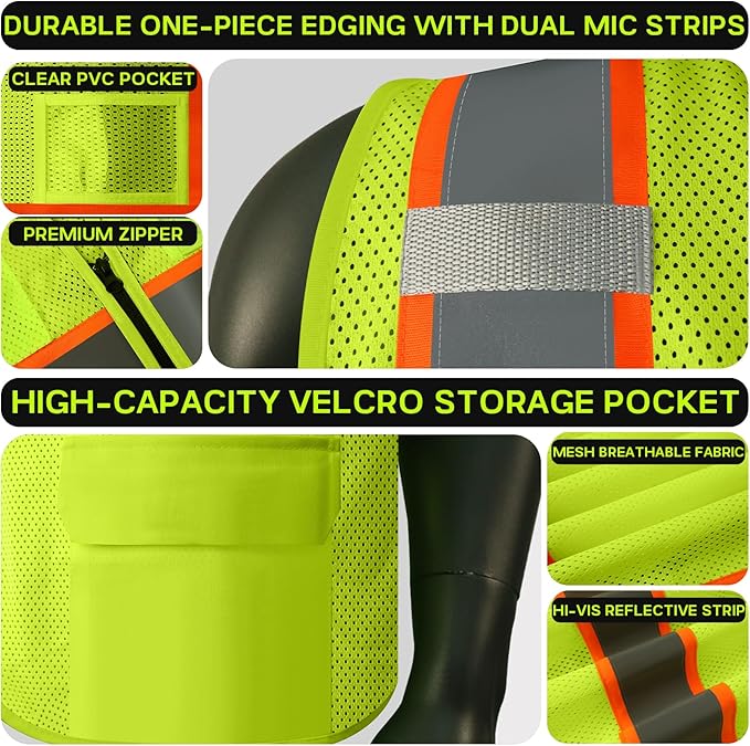 Safety Vest Customize Logo with 5 Pockets & Zipper Reflective High Visibility Vest Class 2 Outdoor Workwear
