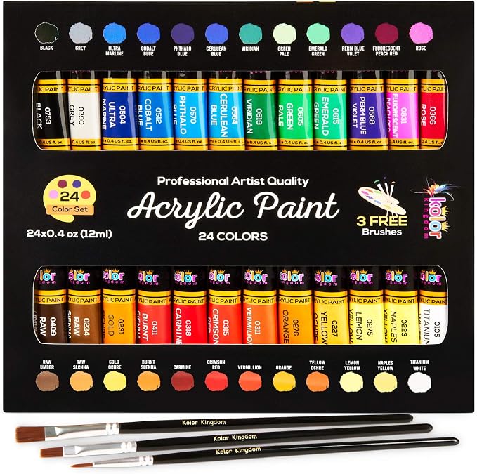 Acrylic Paint Set Canvas Art Paints 24 Colors Perfect Paint Finish by KOLORKINGDOM
