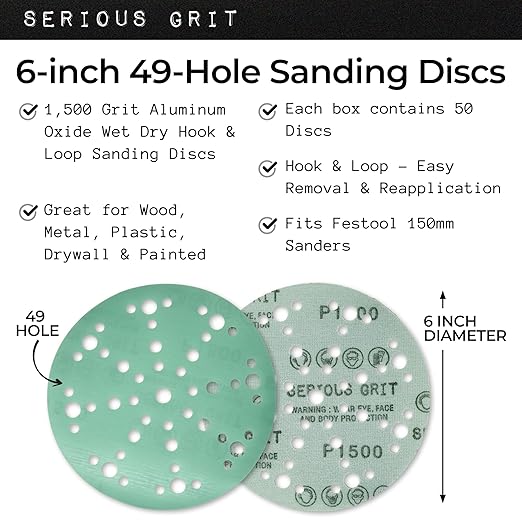 6-Inch 49-Hole 1500 Grit Sanding Discs - Heavy-Duty Hook & Loop Film Discs - Sandpaper for Random Orbital Sanders - 50 Pack Box