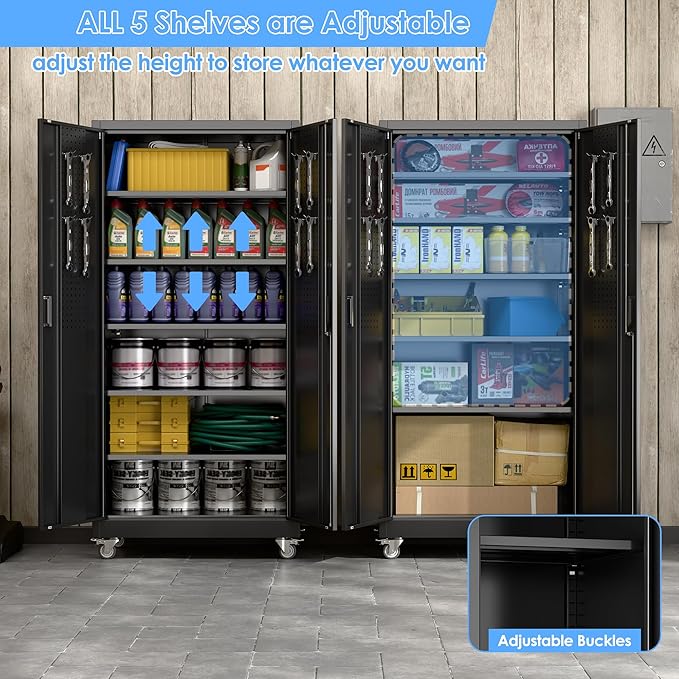 Aobabo Upgrade 71H''*34''W*18''D Metal Garage Storage Cabinet with Wheels and Pegboards, 5 Adjustable Shelves Steel Storage Cabinets for Home,Warehouse,Garage,Assembly Required,Black
