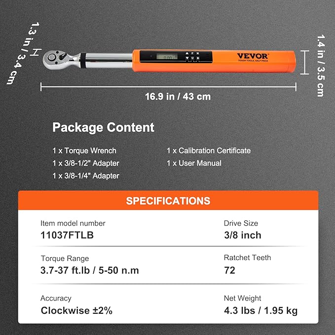 VEVOR Digital Torque Wrench, 3.7-37ft.lb/5-50n.m 3/8" Drive Electronic Torque Wrench Set, 3-Mode Adjustable Torque Wrench Set with LED Buzzer Calibration