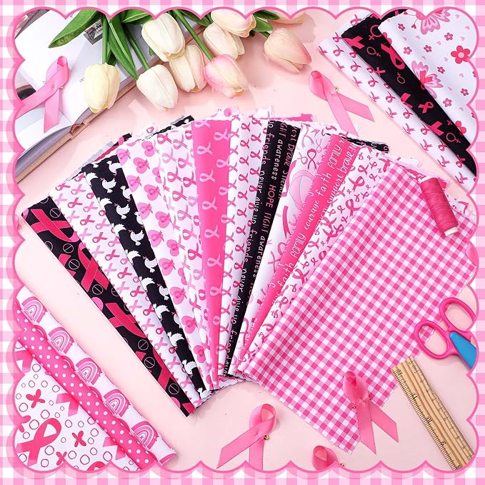 HunnmingRe 20 Pcs 10''x10'' Pink Ribbons Quilting Fabric Square Breast Cancer - Image 4