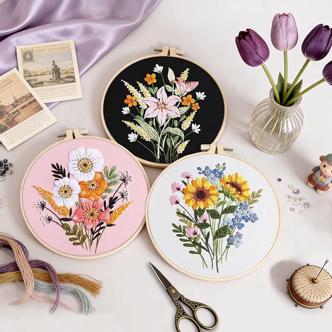 Uniartfy 3 Sets Embroidery Kit for Adults, Flower Pattern Embroidery Practice - Image 5