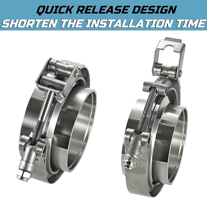 Quick Release Stainless Steel V Band Clamp with Male Female V Band Flange for Exhaust, Turbocharger, Turbo or Downpipe, Sold In Pair (3.0''), Silver