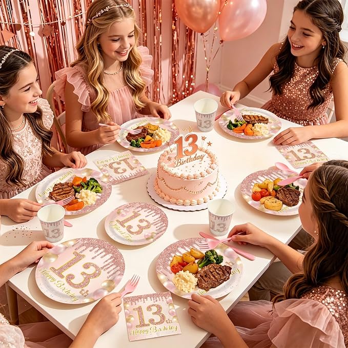 168 Pcs 13th Birthday Party Decorations Pink Rose Gold Plates Napkins Cups - Image 6