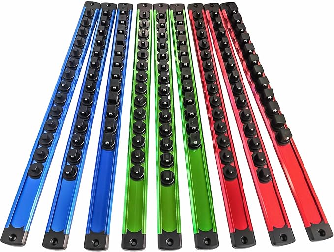 Magnetic Socket Holder Organizer Set - 9-Piece Detachable Trays for 1/4", 3/8", 1/2" Sockets, 120-Piece Toolbox Drawer Organizer, Aluminum Alloy Garage Storage for Mechanics & DIY (Red/Blue/Green)