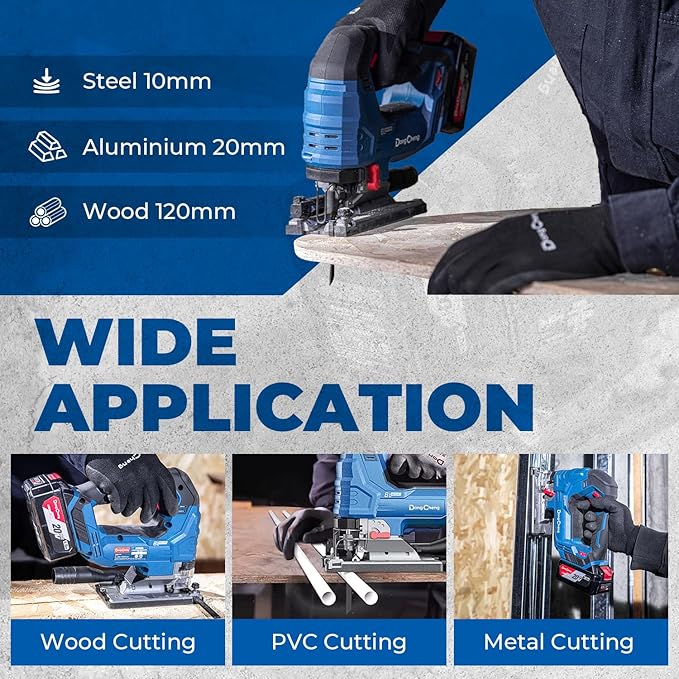 Dong Cheng 20V Brushless Jigsaw, 26mm Stroke, 800-3500 SPM, 0-45° Bevel, 6-Speed, Orbital Action, Dual LED, Dust Blower, with 4Ah Battery, Charger, 6 Blades, Guide Rail & Tool Bag