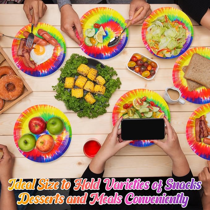 Domensi 100 Pack Tie Dye Paper Plates 7 Inch Rainbow Disposable Dessert Plates - Image 5