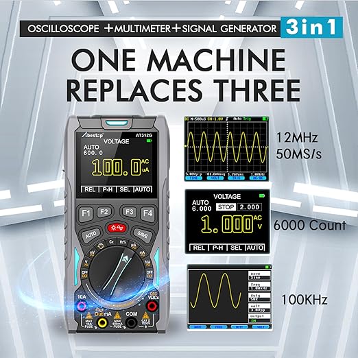 Abestop AT312G Oscilloscope Multimeter 3 in 1 Handheld Oscilloscope with 12MHz Bandwidth 50MSa/s Sampling Rate Built-in Generator Voltage Tester Multimeter Function