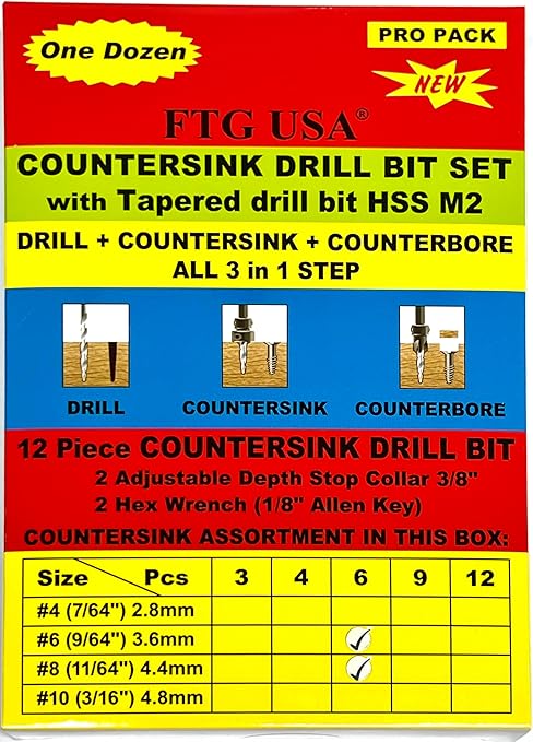 FTG USA 6 Pc #6 (9/64"), 6 Pc #8 (11/64") Countersink Drill Bit Set with Depth Stop Collar, Hex Wrench - Tapered Drill Bits for Wood