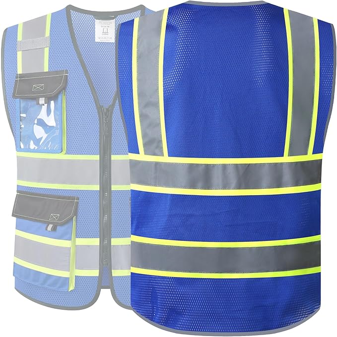 JKSafety Hi Vis Reflective Safety Vests for Men Women High Visibility Vest with Pockets Mesh Fabric Construction Safety Apparel Neon Vest for Work (220-Blue M)
