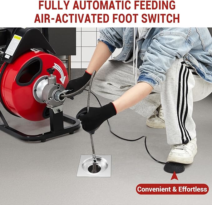 Auto Feed 100 FT x 1/2 Inch Drain Cleaner Machine with 250W Motor, Portable Sewer Snake Auger with 8 Cutters & Air-activated Foot Switch, Fits 1" to 4" Pipes, Black & Red