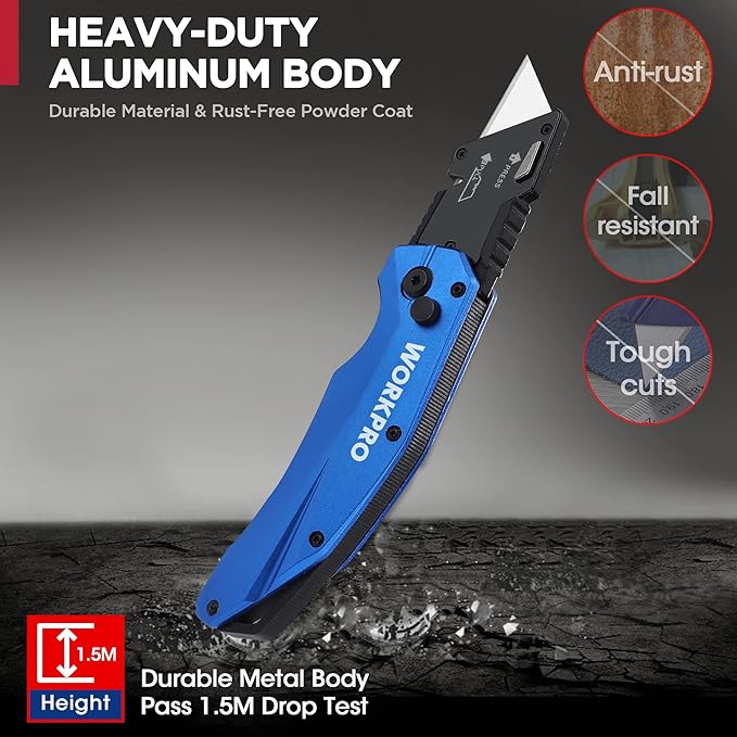 WORKPRO Folding Utility Knife, Heavy Duty Metal, Quick Open Botton Lock Box Cutter, Quick Change Blade Razor Knife, 1PC with 10 Extra SK5 Blades