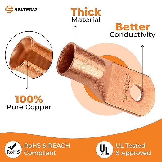 SELTERM 5pcs 4/0 AWG (XL) 3/8" Stud Copper Wire Lugs, Ring Terminals, Battery Cable Ends, 0000 Gauge Ring Terminal Connectors, UL Heavy Duty Bare Copper Eyelets Battery Terminal Connectors