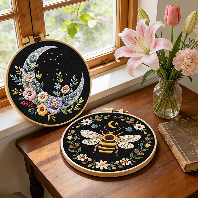 ERKOON Embroidery Kit for Beginners Adult, 2 Set Flower Cross Stitch Set - Image 2