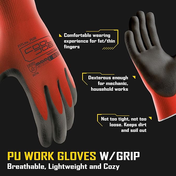 COOLJOB 12/60 Pairs Safety Work Gloves Pack Bulk with Grip PU Coating, 13 Gauge Seamless Knit Gloves with Polyurethane Dipped for Warehouse Working, Breathable Lightweight for Men Women, Red Xlarge