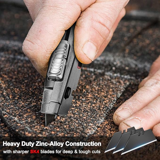 HAUTMEC Heavy-Duty Utility Knife, Safety Box Cutter with Auto-Retracting & 3-Position Locking Dual-System, Built-In Wire Stripper, Blade Storage and 3 Ultra-sharp SK4 Blades – HT0311