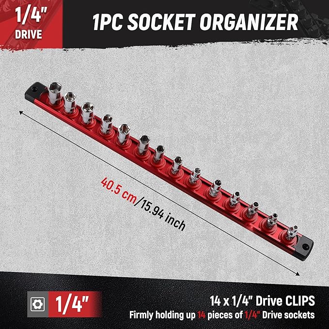 ALOANES Magnetic Socket Organizer, 1/4-Inch Drive Aluminum Socket Holder Socket Tray, Heavy Duty Socket Rail Organizer for Tool Box Drawer, 360°Swivel Clips Socket Rack 1/4-Inch x 14 Clips (Red)