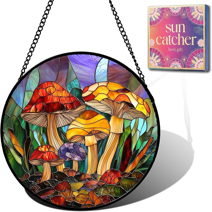 Jungle Mushrooms Acrylic Suncatcher Faux Stained Glass Window Hanging 7.8" | by Unknown