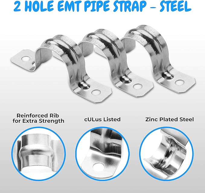 OHLECTRIC Heavy Duty Pipe Strap (10 Pack - 1½ Inch) Zinc Plated Steel Conduit Clamps, 2 Hole Steel EMT Pipe Strap U Bracket, Zinc Coated Tension Tube Clip, Metal Pipe Clamp for EMT Conduits