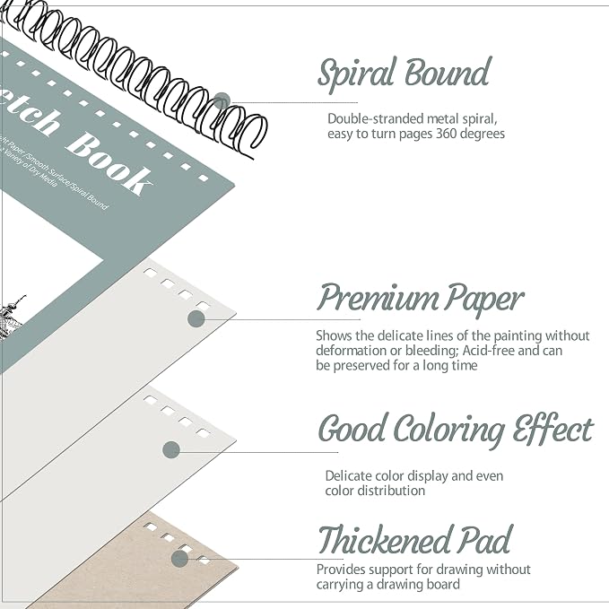 4 Pack Sketch Book, 9 x 12 Inch Sketchbook, 68lb/100gsm Top Spiral Bound Sketch - Image 3