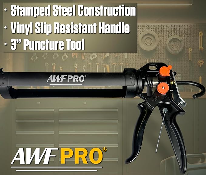 AWF PRO 10 oz Dual Thrust Caulk Gun - 25:1 or 12:1 Thrust Ratio, Dripless, Rotating Barrel, Comfort Grip, with Built-In Puncture Tool, Pack of 6
