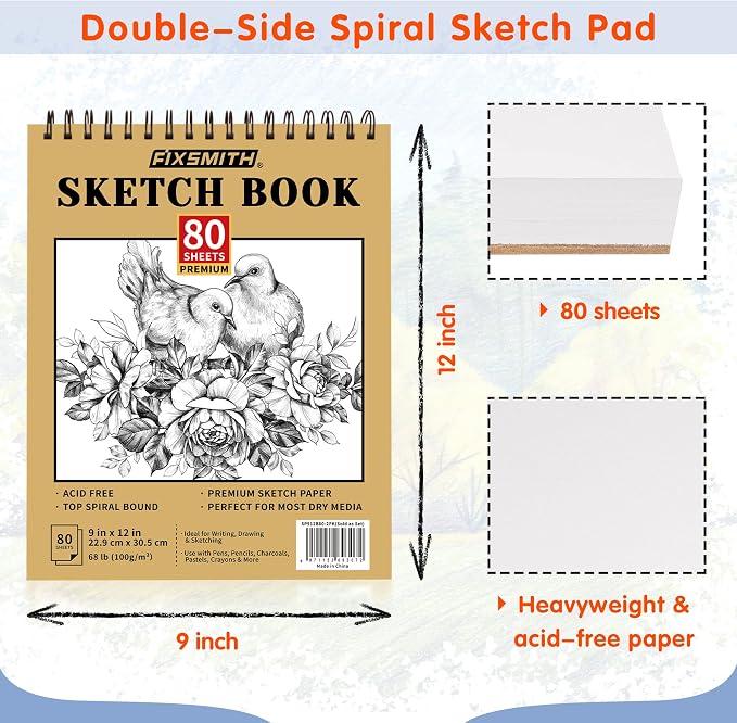 FIXSMITH 9"X12" Sketch Book | 160 Sheets | 2 Pack Sketchbooks | Top Spiral - Image 4