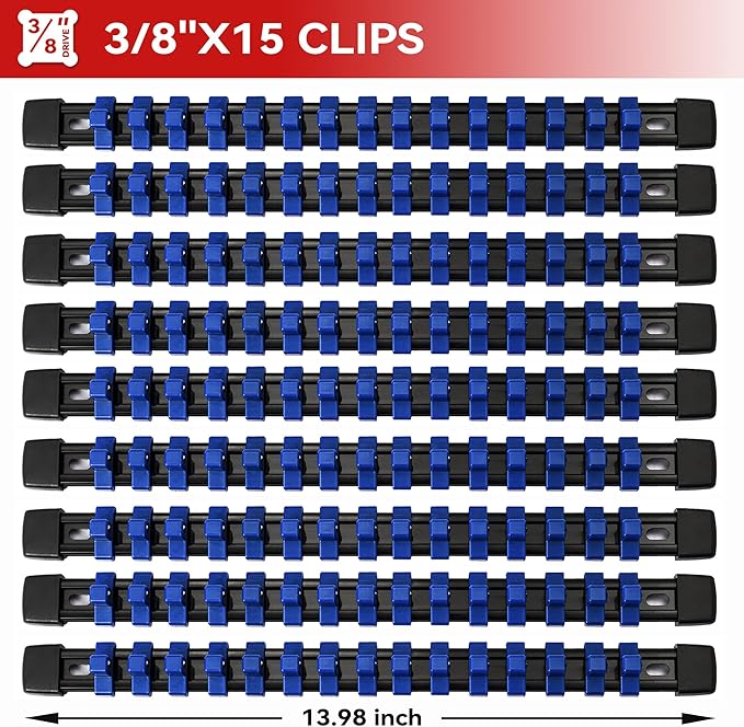 ALOANES 9 PC ABS Socket Organizer, 3/8 inch, Heavy Duty Socket Racks, Black Rails with Blue Clips