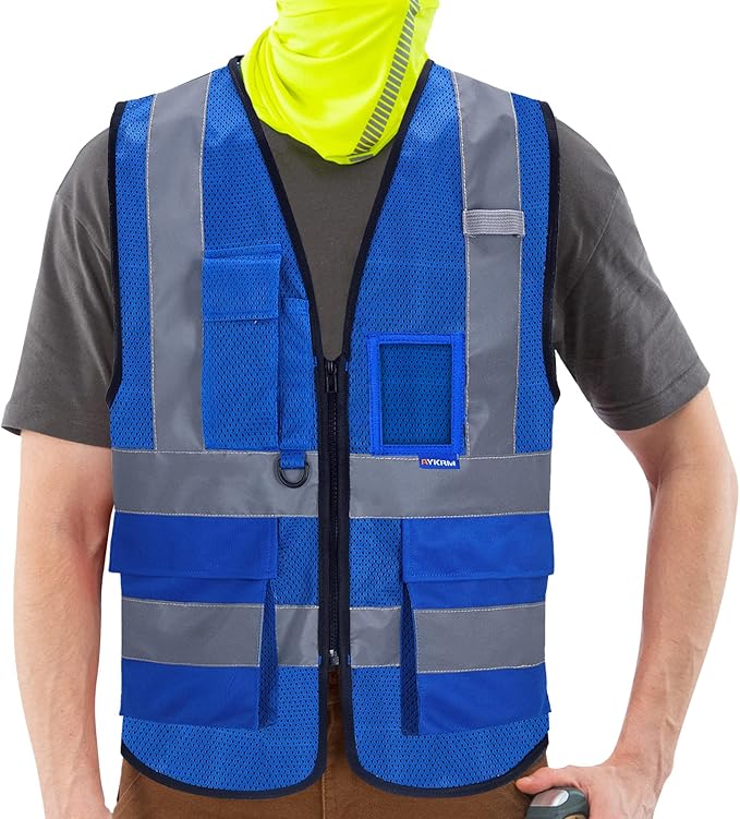 A-SAFETY High Visibility Mesh Safety Reflective Vest with Pockets and Zipper,Hi Viz Work Vest for Men Women (Blue Mesh XXL)