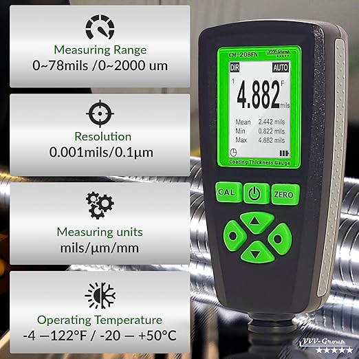 Digital Coating Thickness Gauge CM-208FN / Automatic Thickness Paint Meter for Steel and Aluminum with Resolution 0.001mils /0.1um (Fe/Al)
