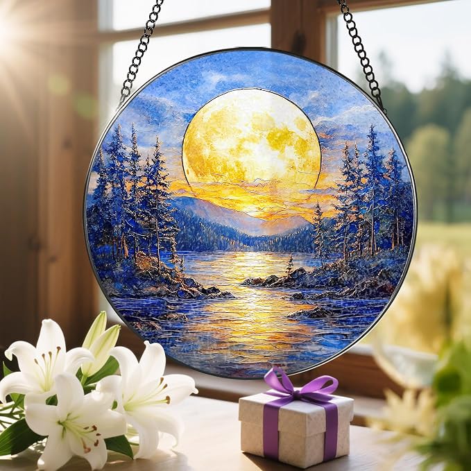 8'' Full Moon Over Forest Lake Suncatcher Ornament, Stained Glass Window Hanging - Image 6