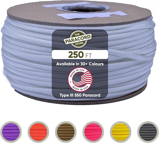 The Paracord Store | Type III 550 Paracord - 250 FT Spool, White | Heavy Duty 7 Strand Tactical Paracord - USA Made Nylon Outdoor Parachute Cord for Camping, Fishing & More - Survival Cord