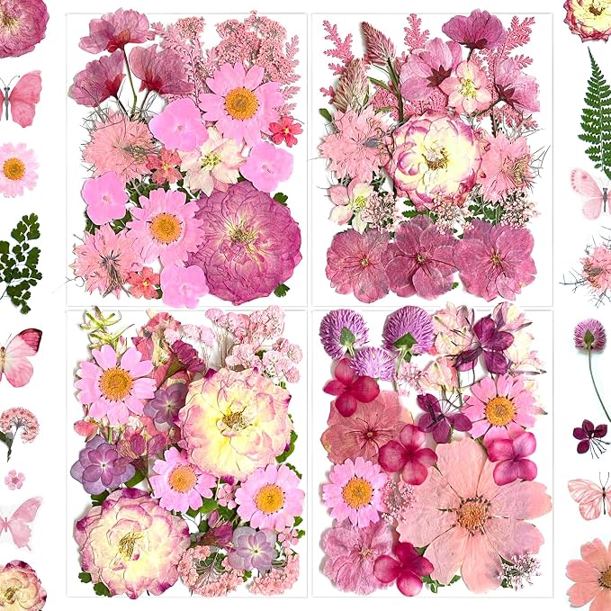 132Pcs Pink Pressed Dried Flowers and Butterfly by LUCISKY