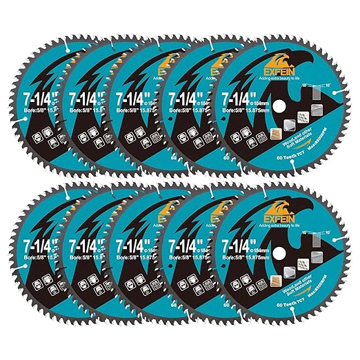 7-1/4 Inch Miter/Table Saw Blades 10pcs, 60 Teeth ATB TCT Fine Finish Wood Cutting Circular Saw Blade with 4/5 Inch Arbor