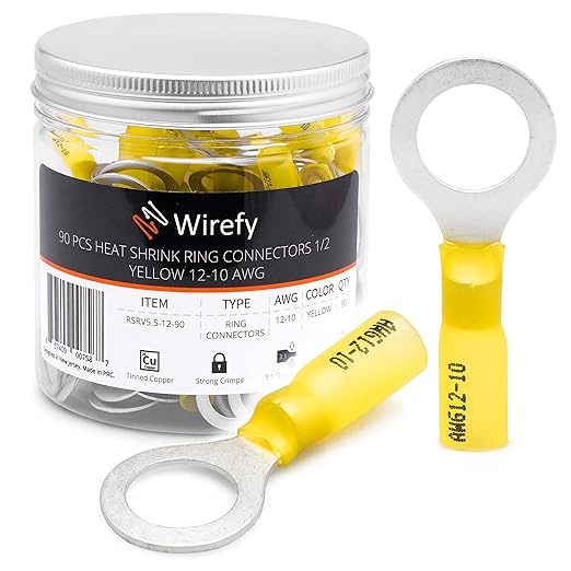 Wirefy 90 PCS Heat Shrink Ring Terminals 1/2" - a Resistant Ring Connectors - Eyelet Wire Connectors - Large Ring Terminals - Yellow 10-12 AWG