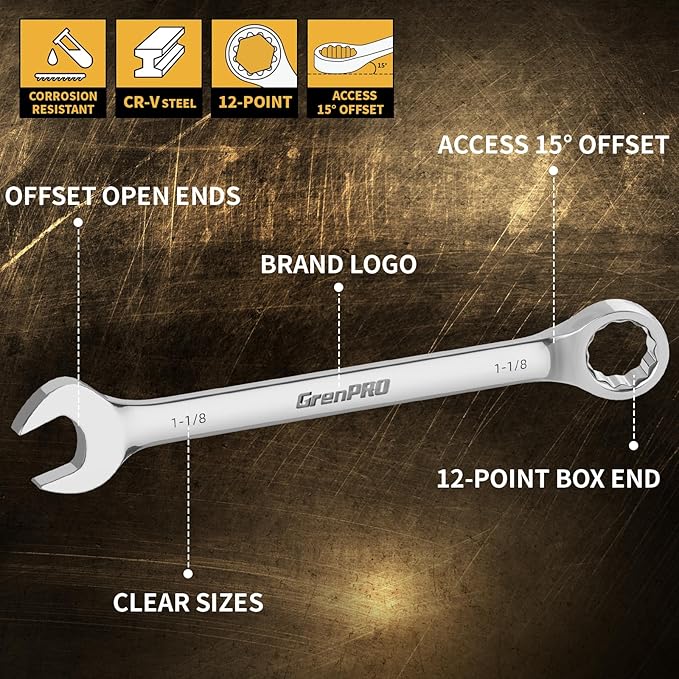SAE Wrench Set, Large Wrench Set, 7-Piece 15/16″, 1", 1-1/16", 1-1/8", 1-3/16", 1-1/4" Long Big Open End Wrench Tools Set Roll Up Pouch Organizer with Gauge, 12 Point Combination Wrenches Sets